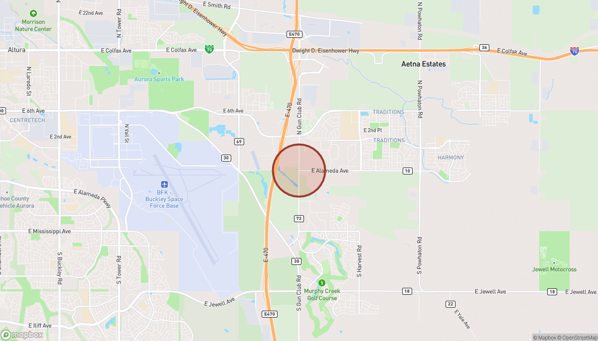 Map showing the South Gun Club Road and Alameda Avenue area in Aurora, where planners advanced annexation-related zoning cases headed to City Council.