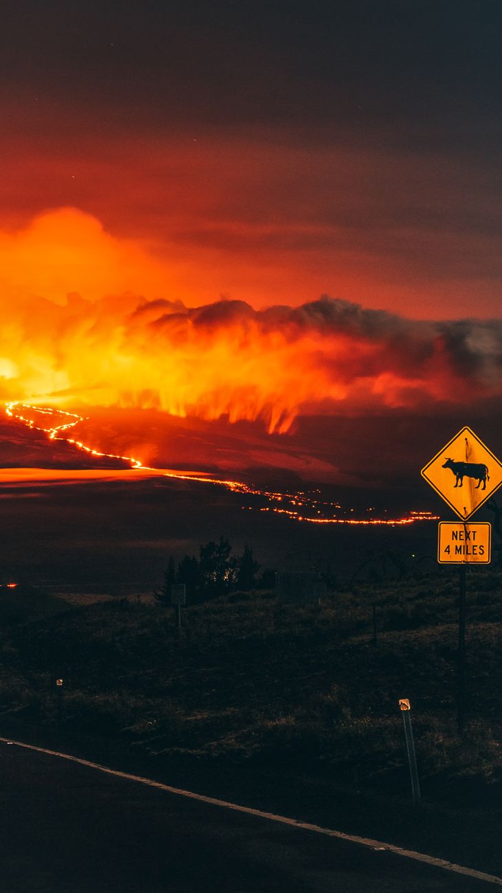 A wildfire burns beside a road at night with smoke and flames visible.