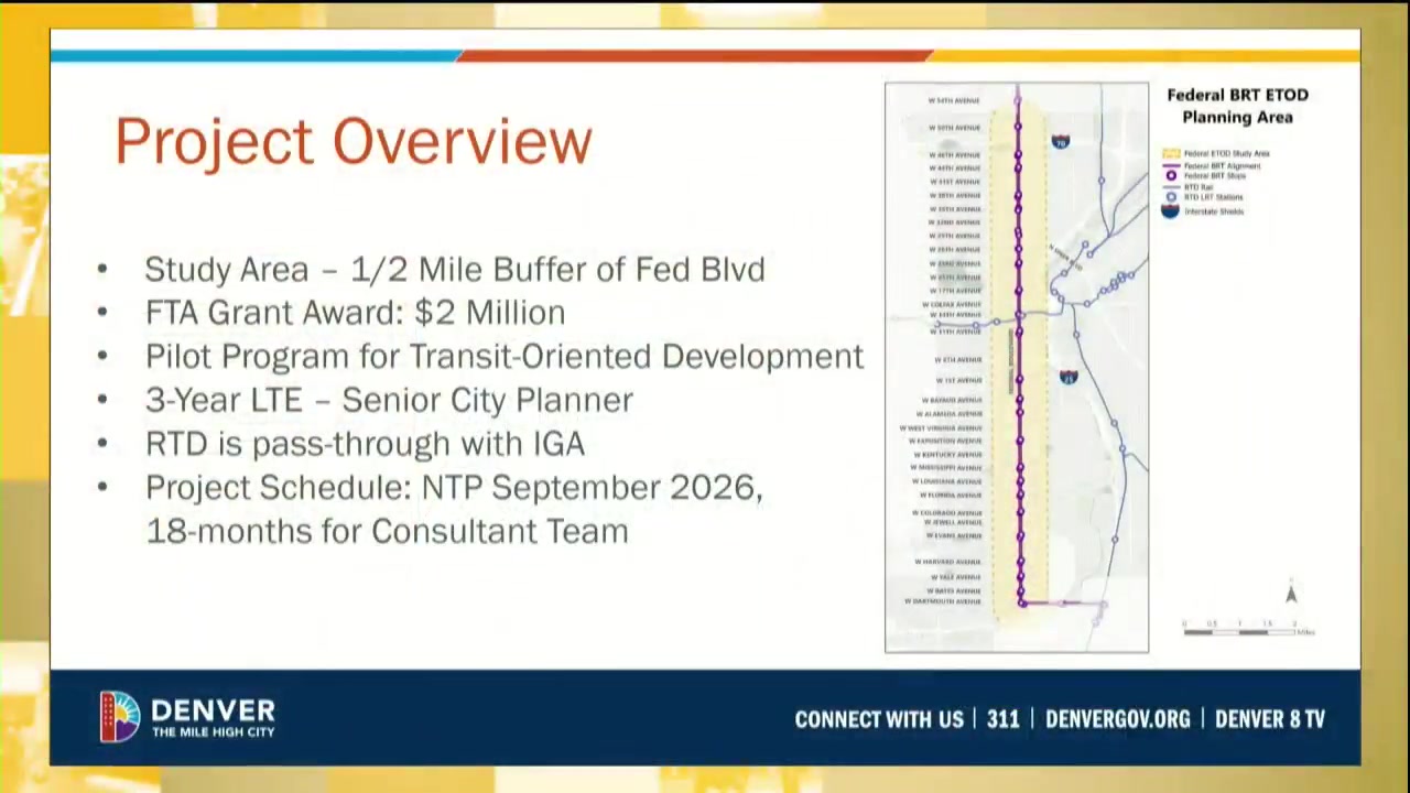 A presentation slide during the Denver Community Planning and Housing Committee meeting outlines the Federal Boulevard equitable transit-oriented development project area and schedule.