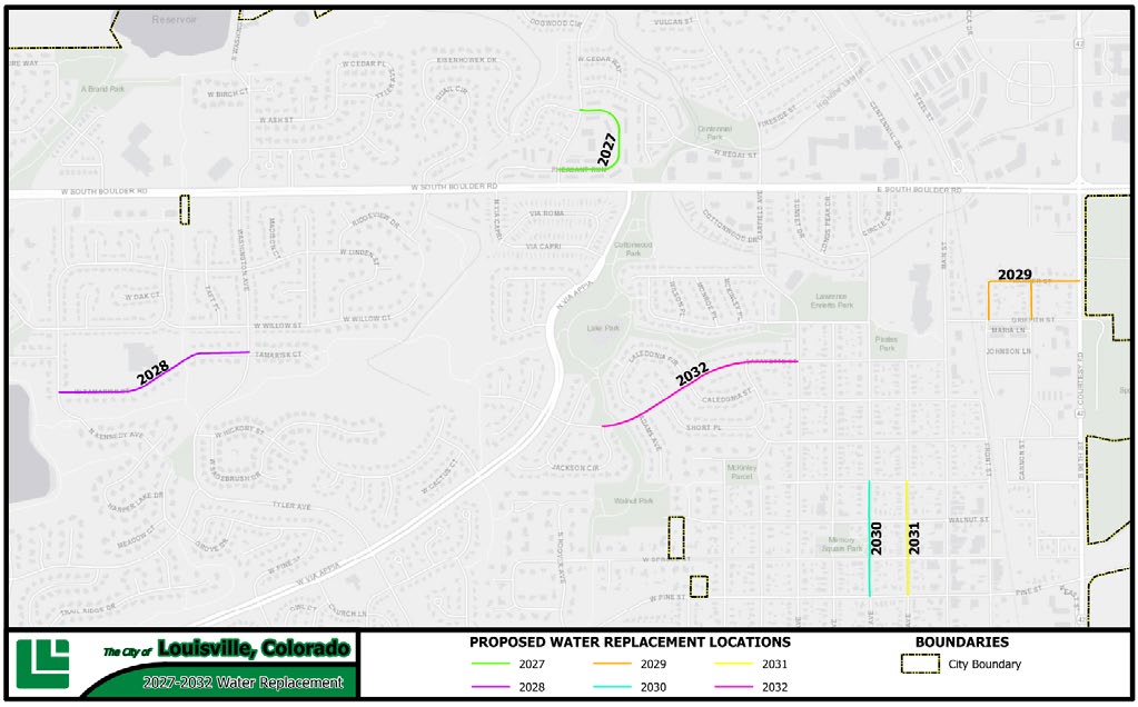 A map in Louisville's proposed 2027-32 capital materials shows proposed water-replacement locations by year across the city.