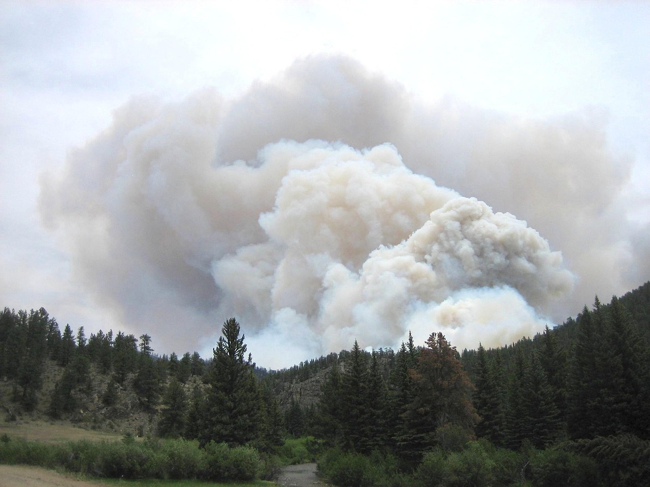 Smoke rises above a forested mountain landscape.