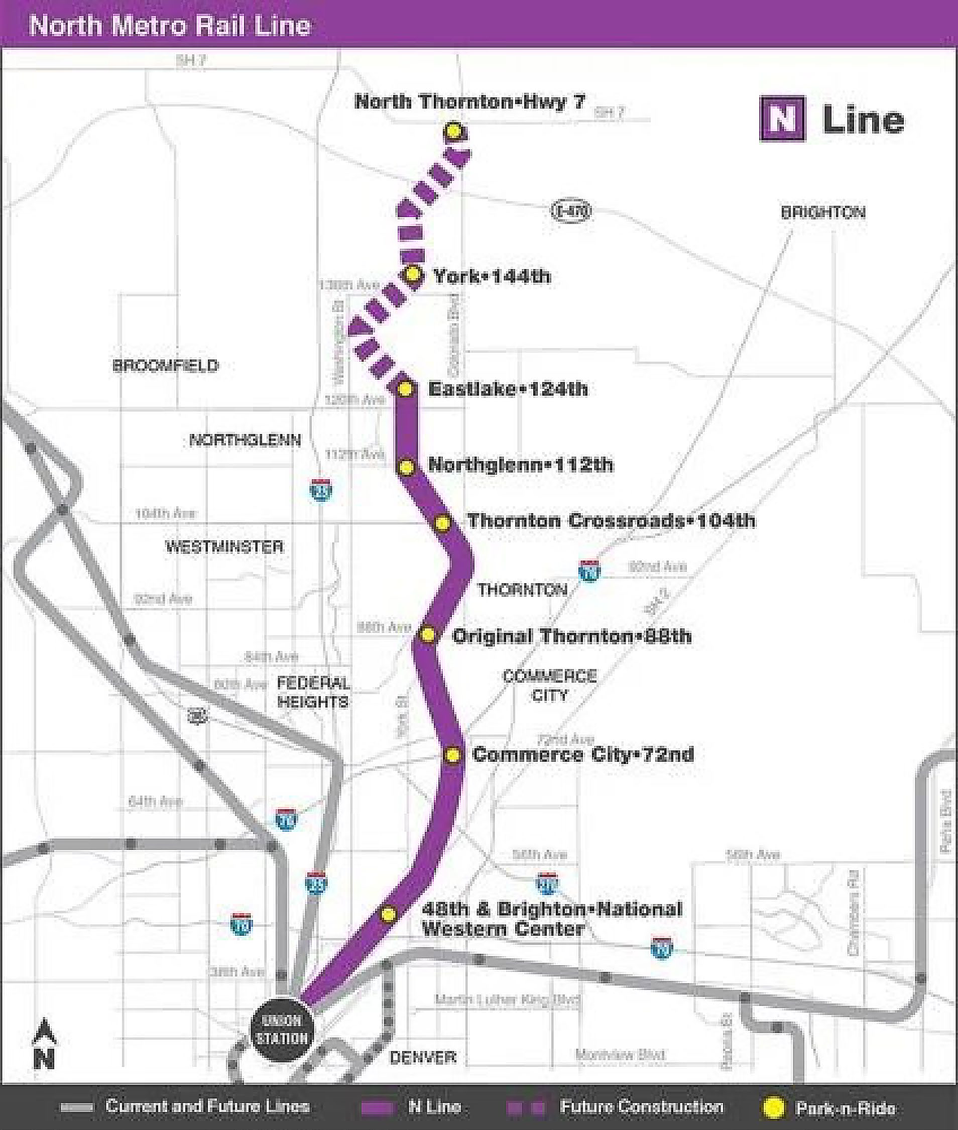 RTD's North Metro Rail Line map shows the N Line, existing stations and a future-construction segment in the Denver metro area.