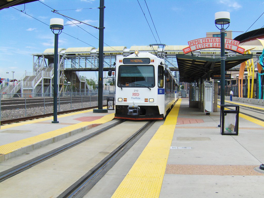 Light rail train operating near the Auraria campus in downtown Denver, Colorado.