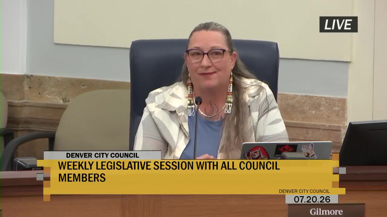 Denver City Council meets on July 20, 2026, as members discuss a proposed construction contract for renovating the Loretto Heights Theater in southwest Denver.