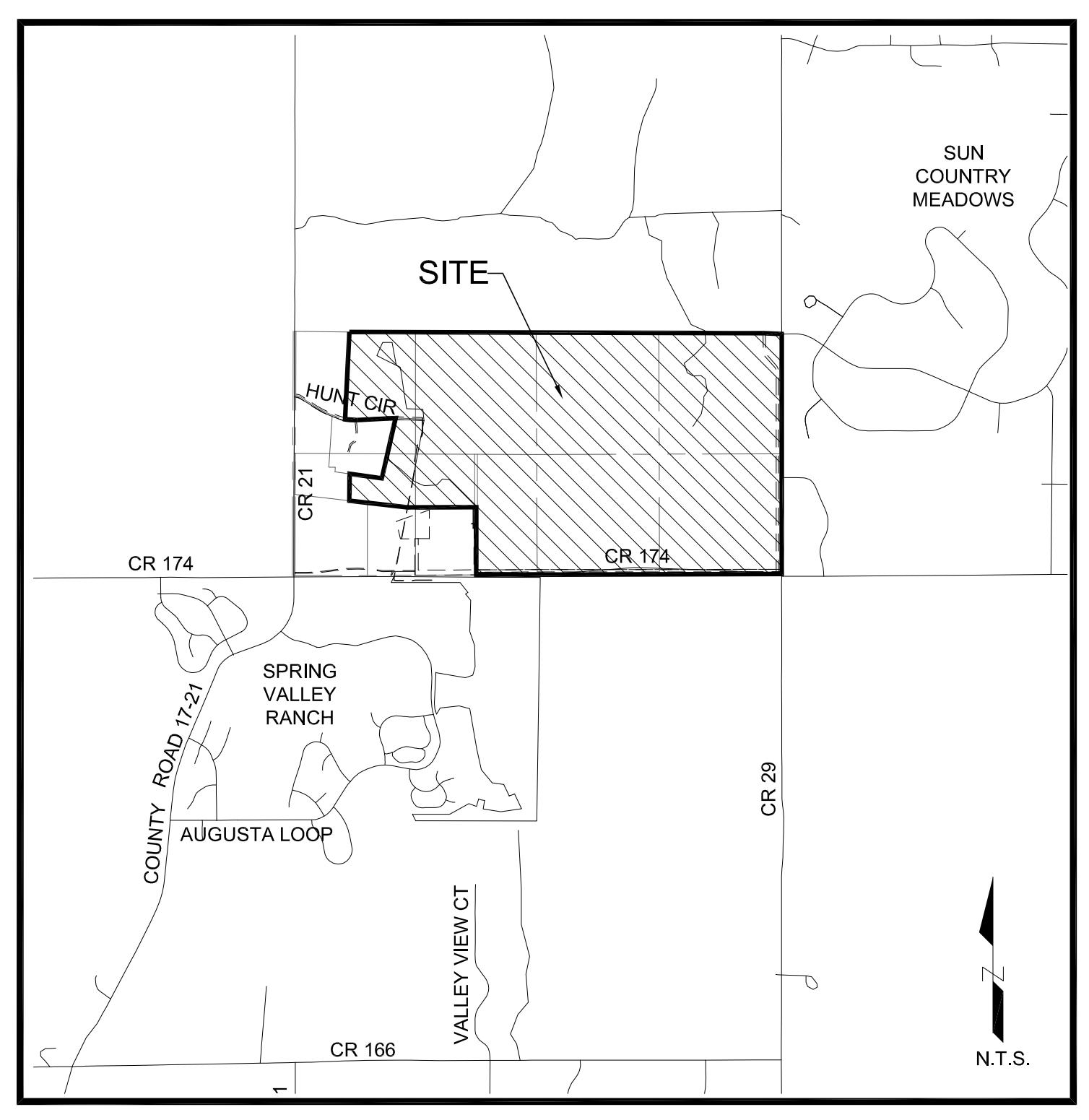 Planning site map for The Ridge at Spring Valley area, showing the site and surrounding County Road 174, County Road 21 and County Road 29 corridors. The map is a planning exhibit and does not establish final metropolitan-district boundaries.
