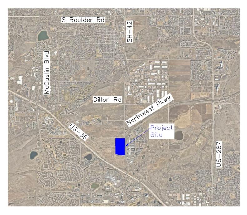 Map from the city presentation showing the approximate project site near US-36 and Northwest Parkway in Louisville, Colorado.