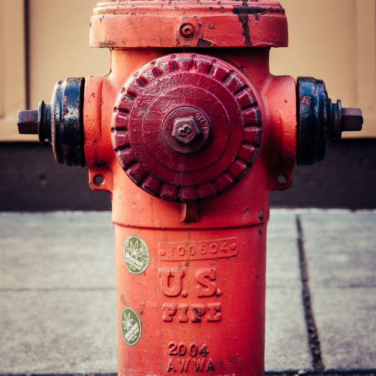 Close-up of a red fire hydrant beside a paved sidewalk.