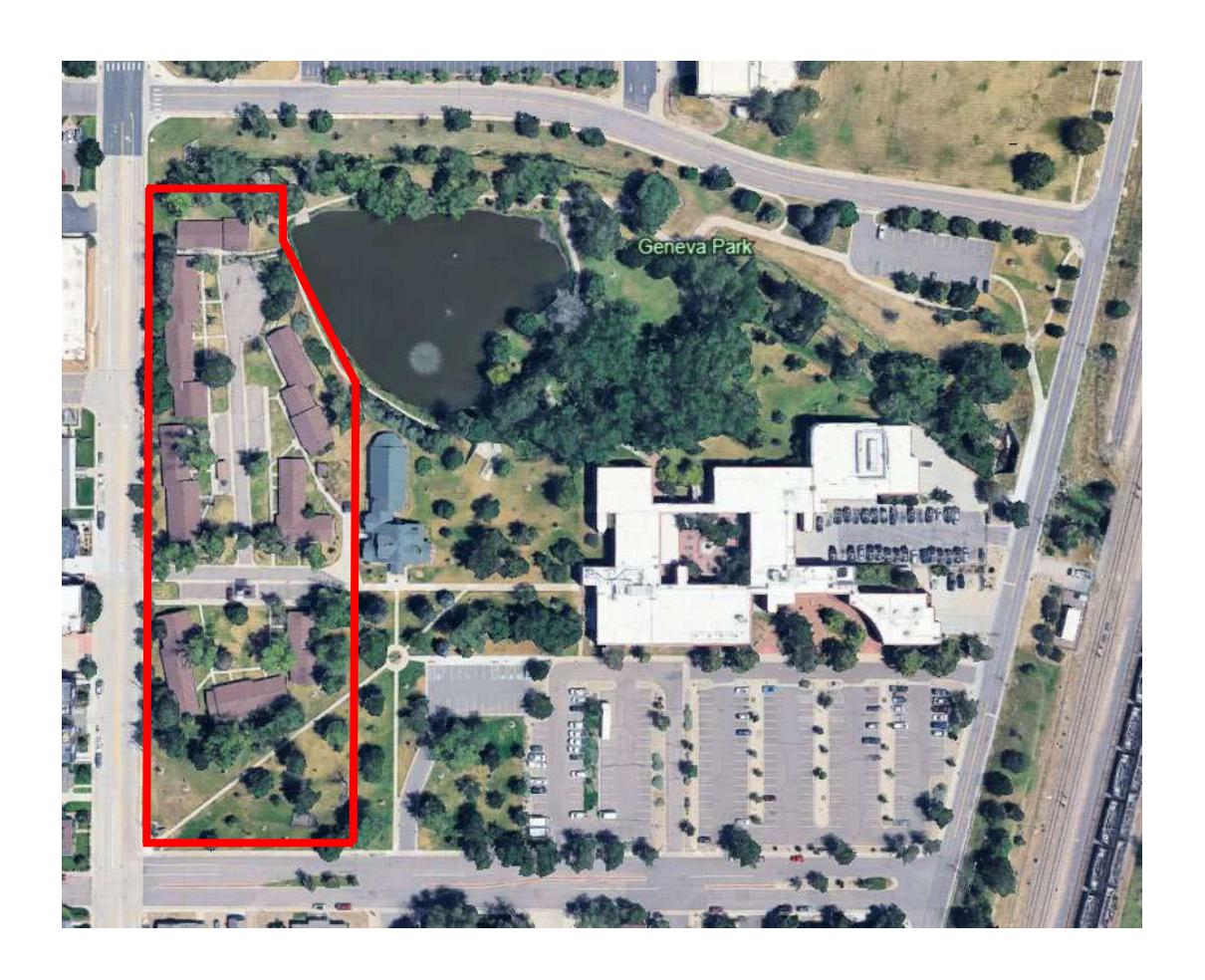 Aerial view of Geneva Park and the surrounding Geneva Village study area, with the packet's study-area outline shown in red.