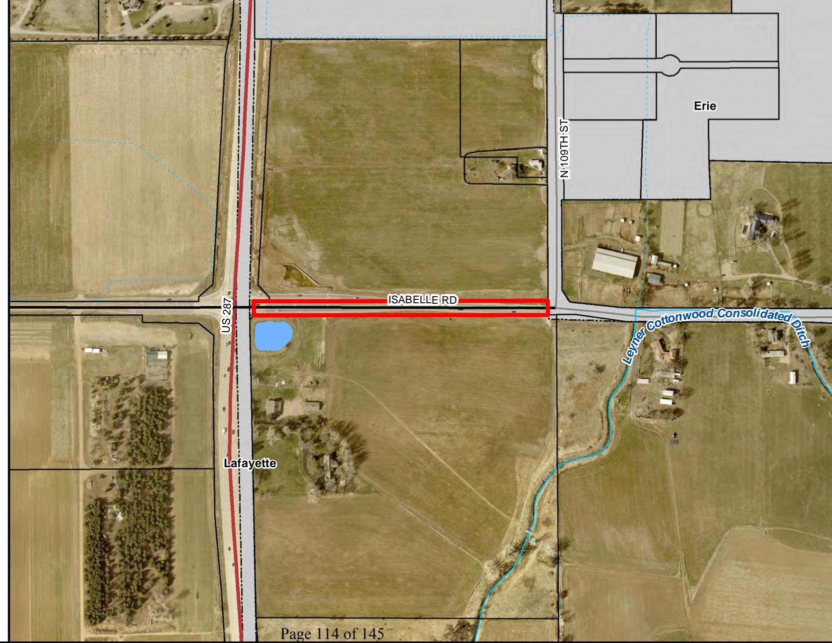 Official aerial map showing the highlighted Isabelle Road segment near U.S. 287 amid agricultural fields and rural properties.