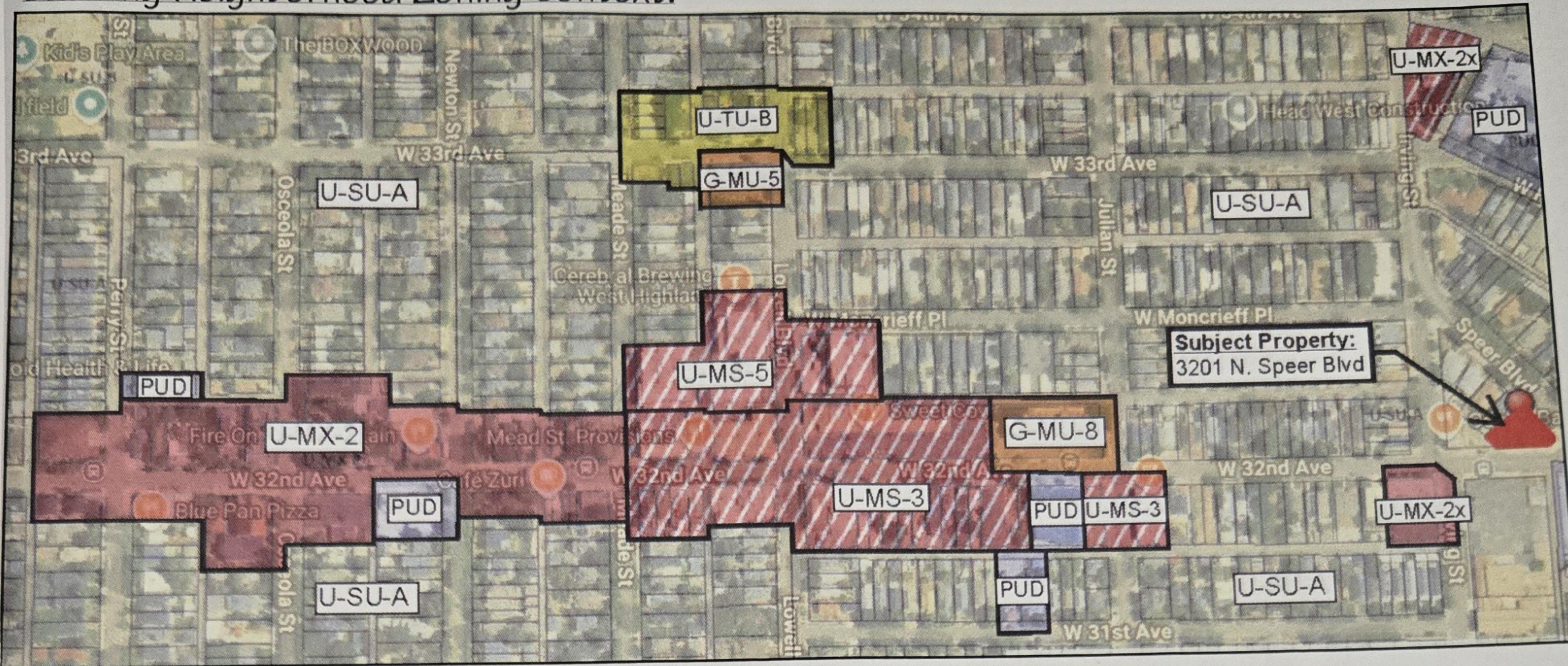 Application map showing 3201 N. Speer Boulevard and surrounding zoning districts, including the proposed U-MX-2X area.