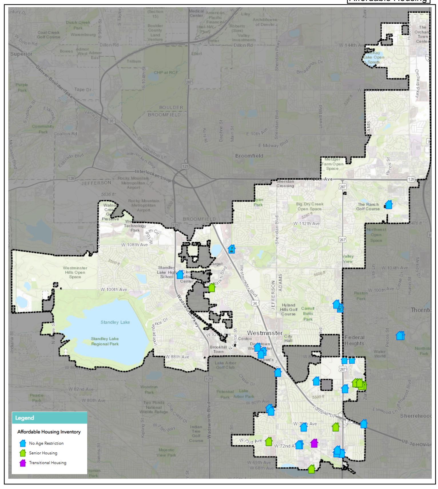 Map of Westminster’s existing affordable-housing inventory and related locations.