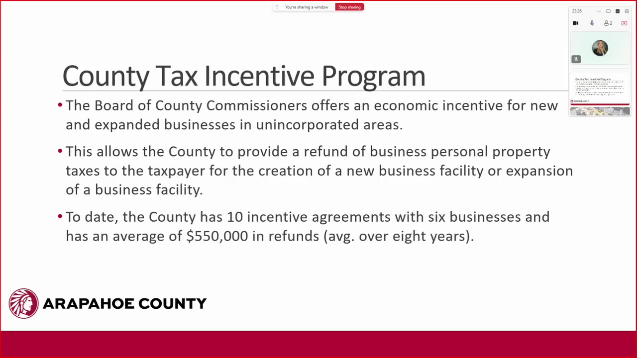 Arapahoe County staff presented figures for 10 incentive agreements involving six businesses and roughly $550,000 in average refunds during an Aug. 11 study session.